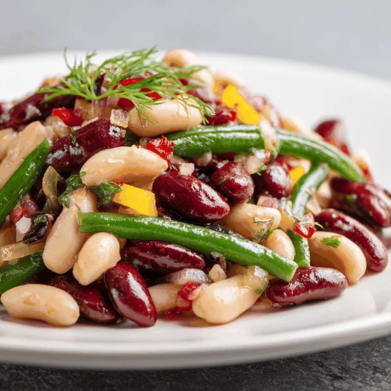 A bowl of three-bean salad with chickpeas, kidney beans, and other vegetables.