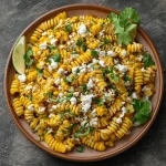 Close-up of a bowl of Mexican street corn pasta salad with corn, avocado, red onion, and a creamy dressing.