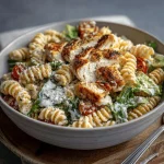 Close-up of a creamy Chicken Caesar Pasta Salad in a white bowl.