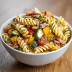 A close-up overhead shot of a delicious cold pasta salad in a glass bowl. The pasta is tossed with fresh vegetables, mozzarella balls, and olives.