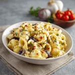 A large bowl of creamy pasta salad with rotini pasta, cherry tomatoes, cucumbers, red onions, and a creamy dressing.