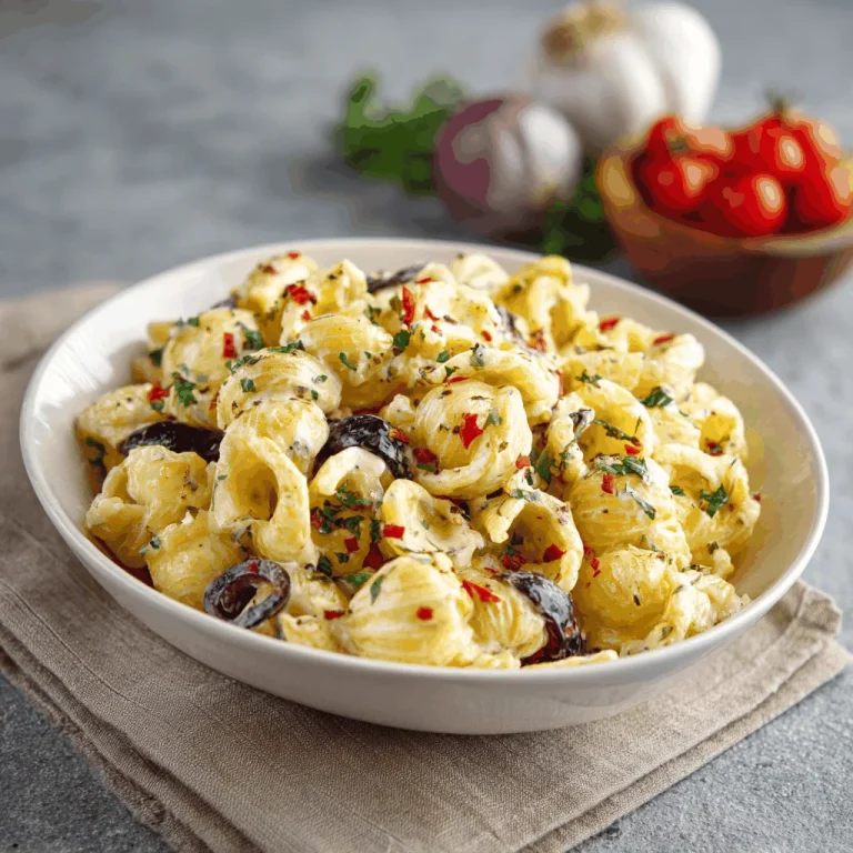 A large bowl of creamy pasta salad with rotini pasta, cherry tomatoes, cucumbers, red onions, and a creamy dressing.