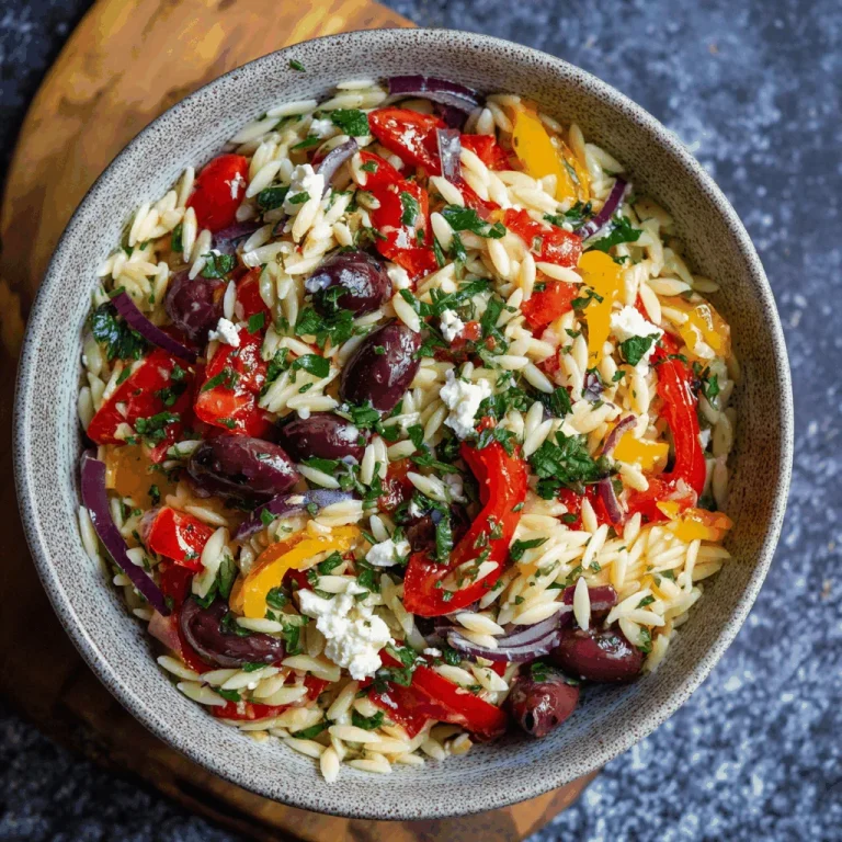 A close-up shot of a bowl of Greek orzo pasta salad with cherry tomatoes, olives, feta cheese, and fresh herbs.