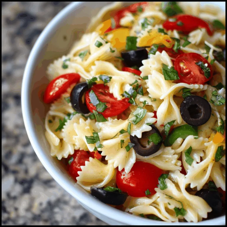A large bowl of delicious Italian pasta salad with rotini pasta, salami, cherry tomatoes, mozzarella balls, red onion, olives, and fresh parsley.
