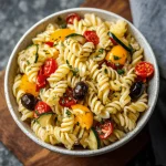 A close-up shot of a delicious Italian pasta salad in a white bowl, featuring rotini pasta, salami, cherry tomatoes, mozzarella balls, red onions, and olives.