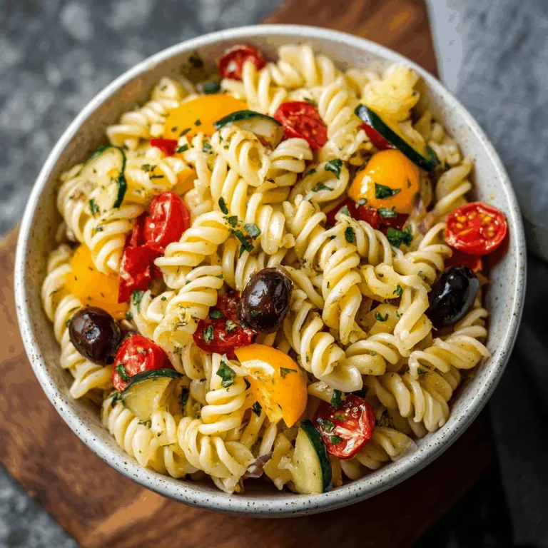 A close-up shot of a delicious Italian pasta salad in a white bowl, featuring rotini pasta, salami, cherry tomatoes, mozzarella balls, red onions, and olives.