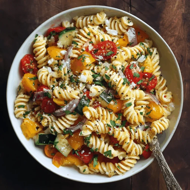A close-up shot of a bowl of Italian pasta salad with rotini pasta, olives, tomatoes, cucumbers, and red onion.