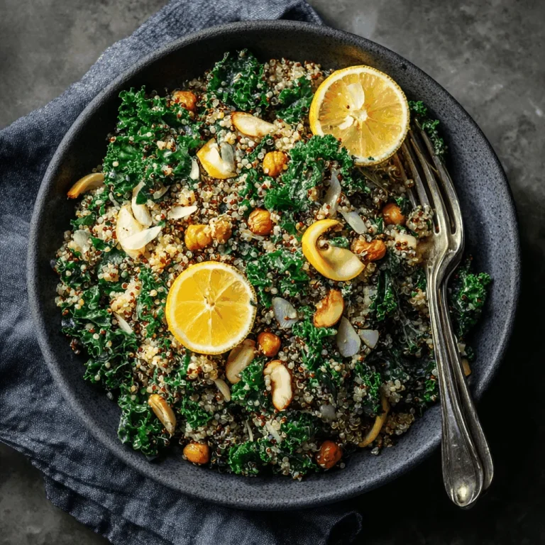 A vibrant kale quinoa salad with lemon dressing, featuring chickpeas, raisins, and red onion.