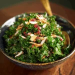 A large bowl of vibrant green kale salad with pistachios and parmesan cheese, two wooden spoons rest in the bowl.