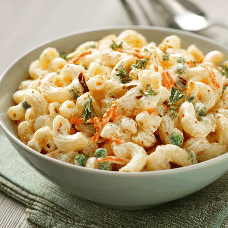 Close-up of a creamy macaroni salad with ham and cheese in a white bowl.
