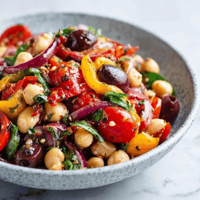 A vibrant bowl of Mediterranean three-bean salad with colorful bell peppers and cucumbers.