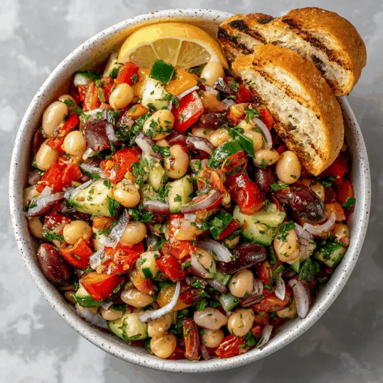 A wooden bowl filled with a Mediterranean bean salad featuring kidney beans, cannellini beans, cherry tomatoes, cucumber, and feta cheese.