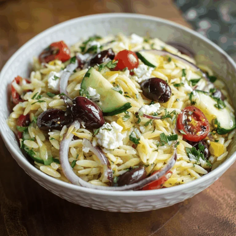 A close-up overhead shot of a bowl of Mediterranean orzo pasta salad with tomatoes, cucumbers, red onion, olives, feta cheese, and parsley.