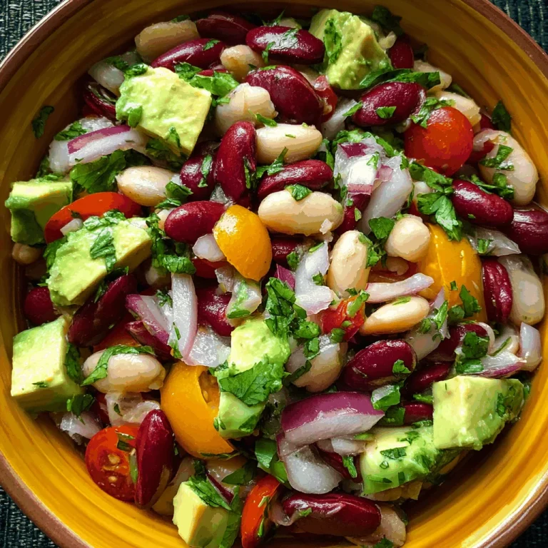 Close-up of a vibrant Mexican bean salad with various beans, corn, tomatoes, and cilantro.