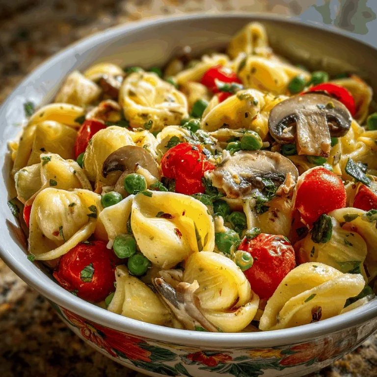 A vibrant bowl of pasta salad featuring rotini pasta, cherry tomatoes, cucumbers, red onion, olives, and fresh parsley, tossed in a lemon herb dressing.