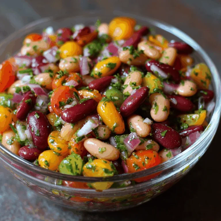 Close-up of a vibrant rainbow bean salad with red, white, and kidney beans, bell peppers, and parsley.