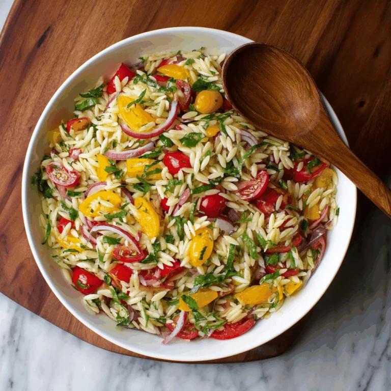 A close-up shot of a vibrant rainbow orzo pasta salad in a bowl.