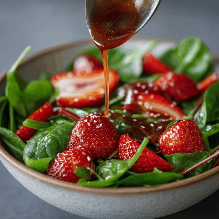 A delicious plate of 30-Minute Strawberry Spinach Salad with Blueberries, Pecans, Feta cheese, and a Balsamic glaze.