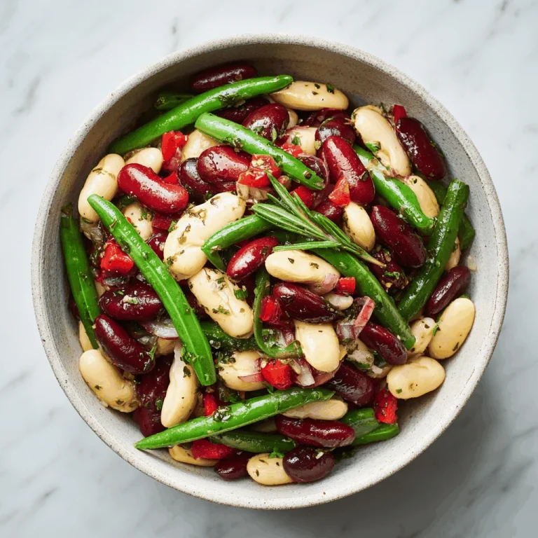 Overhead shot of a bowl of Mike's Zesty Three Bean Salad, featuring kidney beans, black beans, chickpeas, red onion, and bell peppers.