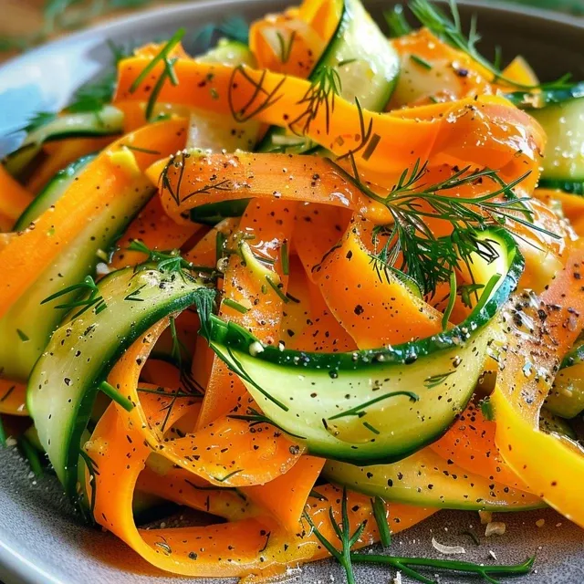 Close-up view of a vibrant carrot and cucumber ribbon salad with fresh herbs.