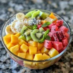 A vibrant mango salad featuring sliced mango, red onion, cucumber, bell pepper, cherry tomatoes, and fresh herbs, all drizzled with lime dressing.