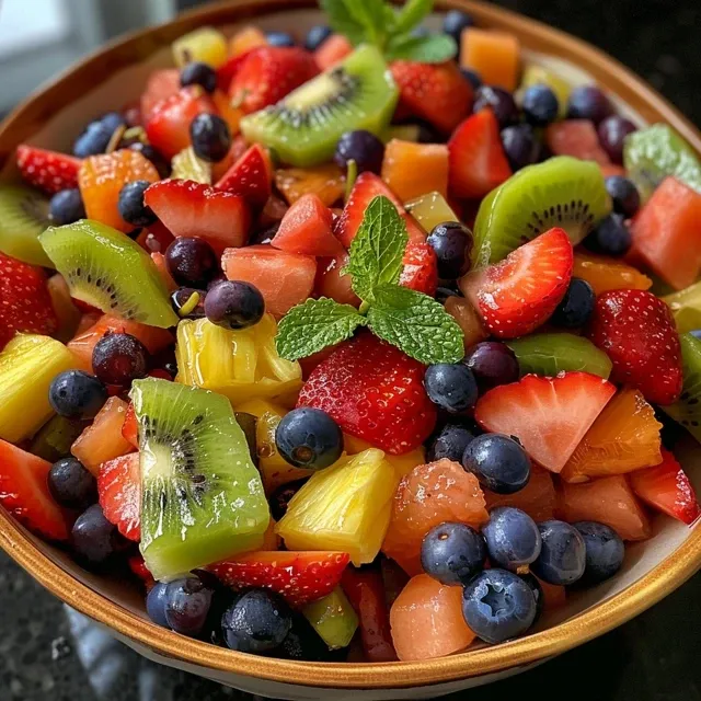 Close-up of a colorful summer fruit salad featuring strawberries, blueberries, and kiwi.