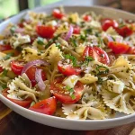 A close-up side view of a colorful Bow Tie Pasta Salad with various fresh ingredients.