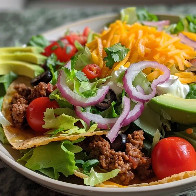 A close-up side view of a crispy tortilla taco bowl filled with colorful ingredients.