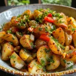 Close-up of a vibrant, textured crispy potato salad in a bowl.
