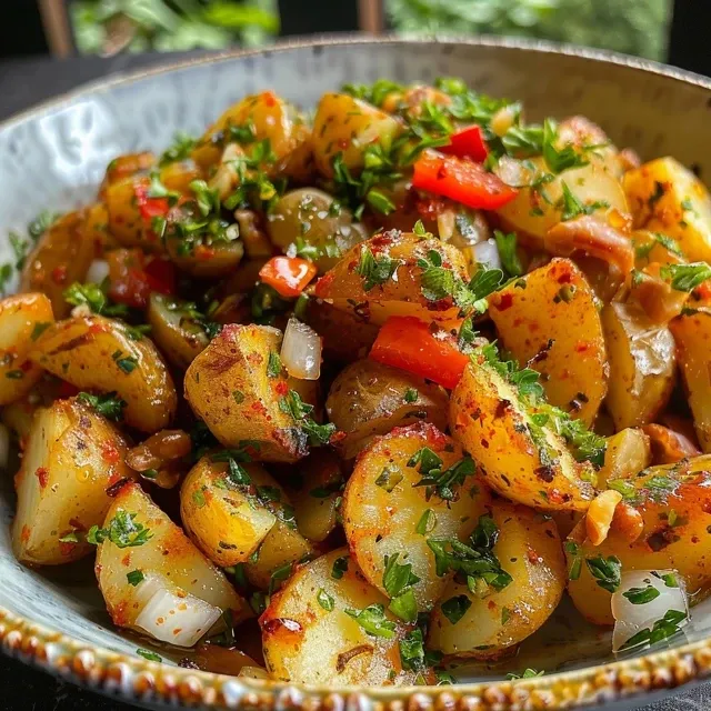 Close-up of a vibrant, textured crispy potato salad in a bowl.