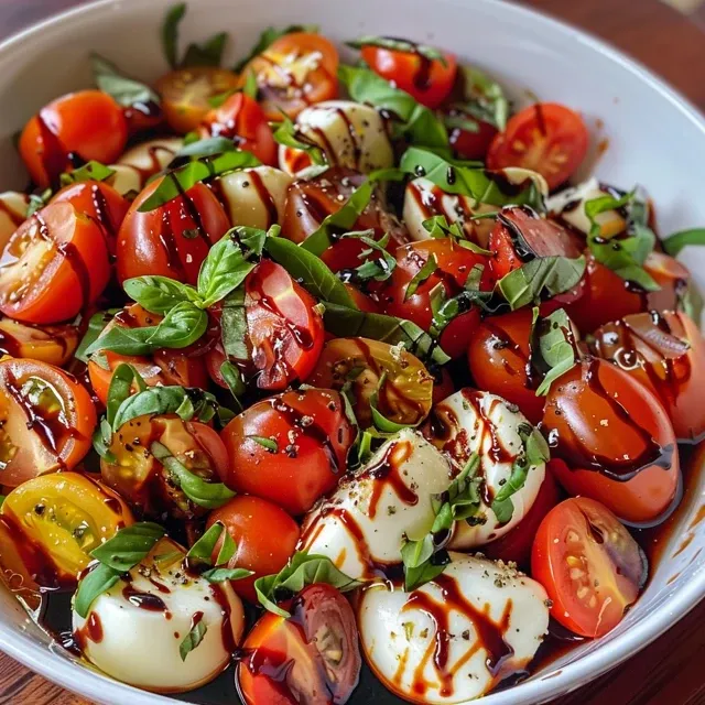 Close-up view of a Mozzarella Caprese salad with sliced tomatoes and mozzarella.