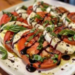 A vibrant Caprese salad featuring sliced mozzarella and tomatoes topped with fresh basil.