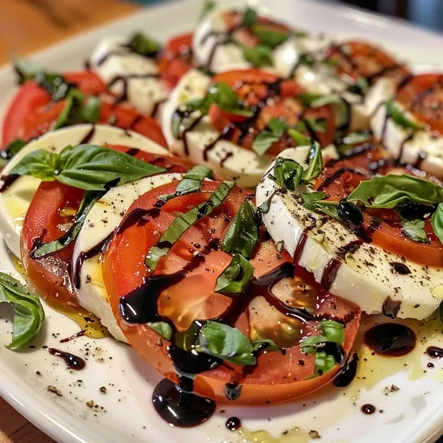 A vibrant Caprese salad featuring sliced mozzarella and tomatoes topped with fresh basil.