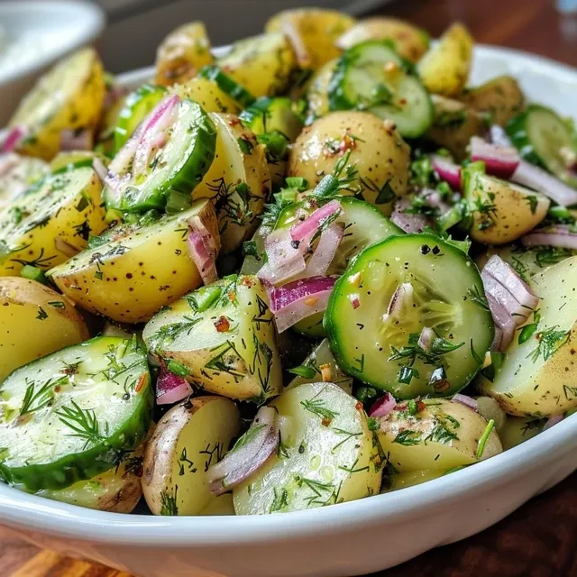 A close-up view of a colorful potato and cucumber salad featuring creamy dressing and fresh herbs.