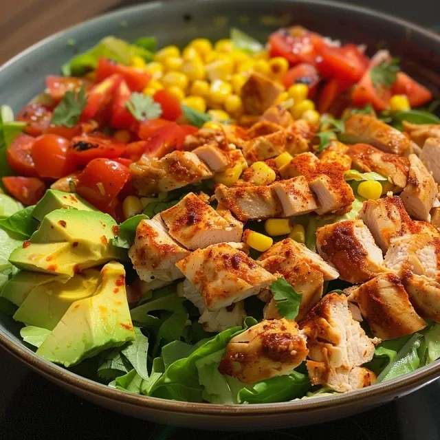 A close-up view of a vibrant Santa Fe Salad topped with grilled chicken and fresh ingredients.