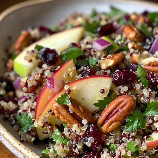 Close-up view of a vibrant quinoa apple salad with colorful ingredients.