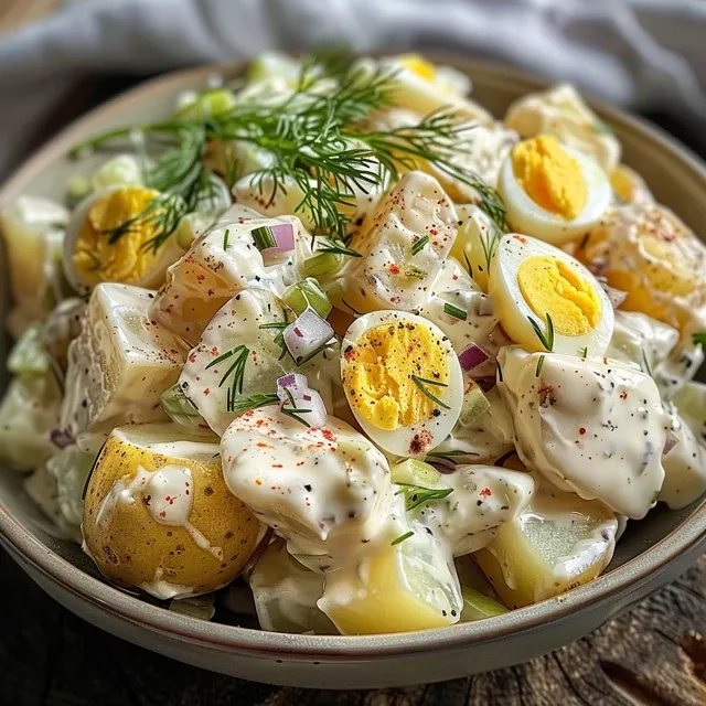Close-up of a creamy potato salad with chunks of potatoes, eggs, and colorful vegetables.