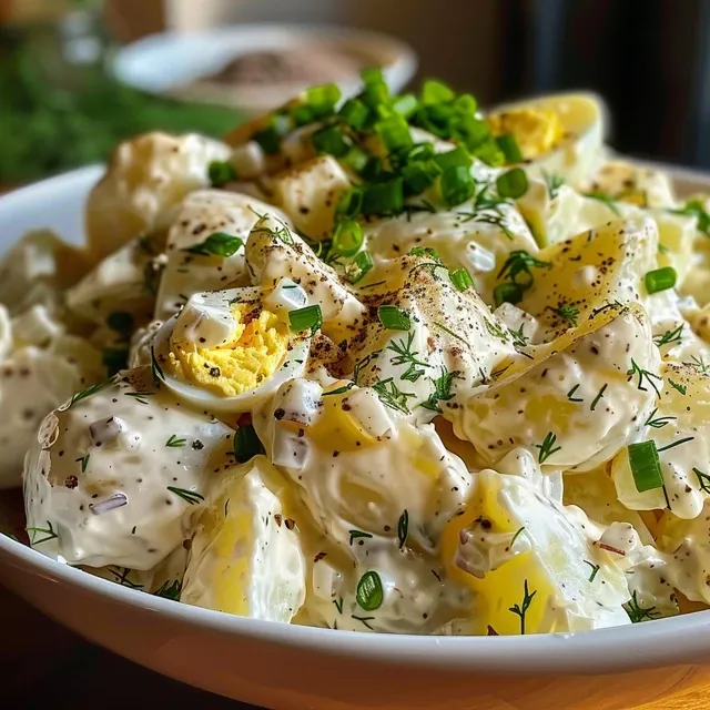 Close-up of a creamy potato salad with diced vegetables and herbs.
