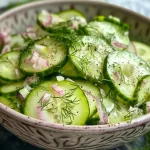 Close-up view of a creamy cucumber salad with fresh herbs.