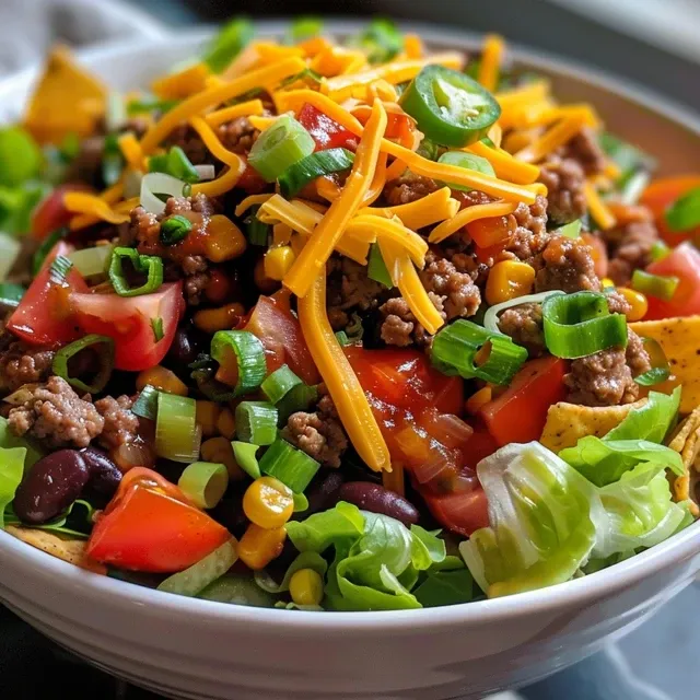 Close-up of a vibrant taco salad with layers of ingredients.