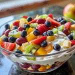 Close-up view of a colorful fruit salad drizzled with condensed milk.