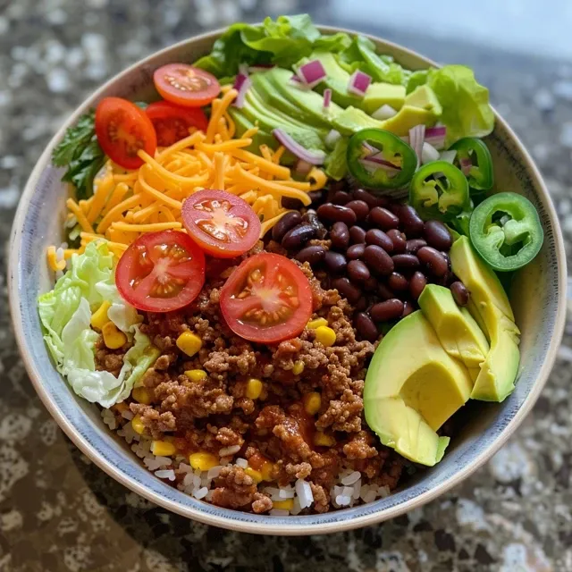 Side view of a colorful taco salad bowl filled with layered ingredients.