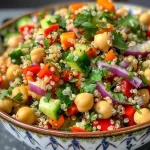 Close-up view of a colorful Chickpea Salad with red bell peppers, carrots, and red cabbage.