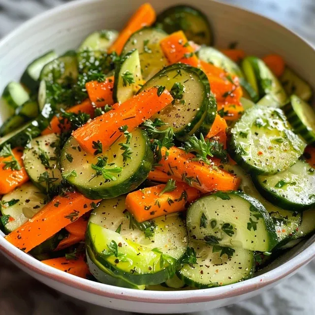 Close-up view of a vibrant cucumber and carrot salad with fresh herbs.
