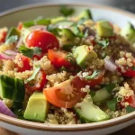 A colorful close-up of a warm quinoa salad featuring various fresh ingredients.
