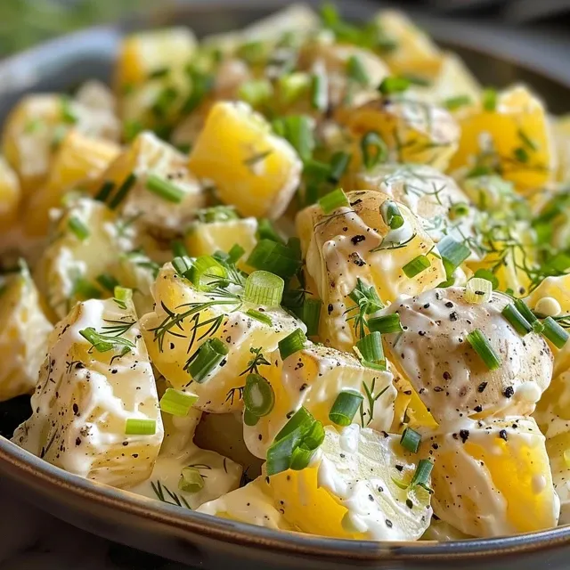 Close-up side view of a creamy potato salad with colorful herbs.