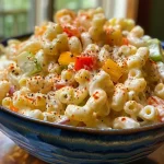 Close-up view of a creamy Amish Macaroni Salad featuring colorful bell peppers and diced eggs.