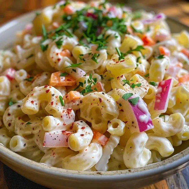 Close-up side view of a vibrant bowl of classic macaroni salad with colorful vegetables.