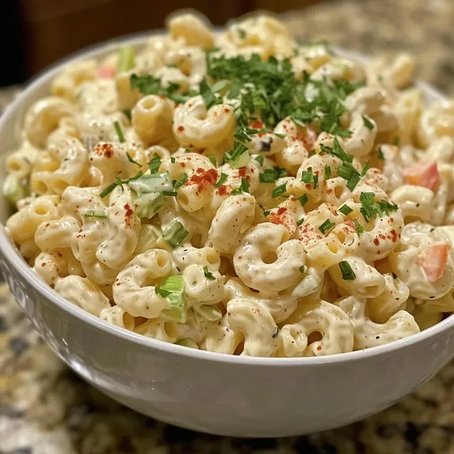 Close-up view of a creamy macaroni salad with colorful vegetables.