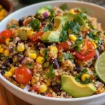 Close-up view of a colorful quinoa salad with corn, black beans, and diced bell peppers.